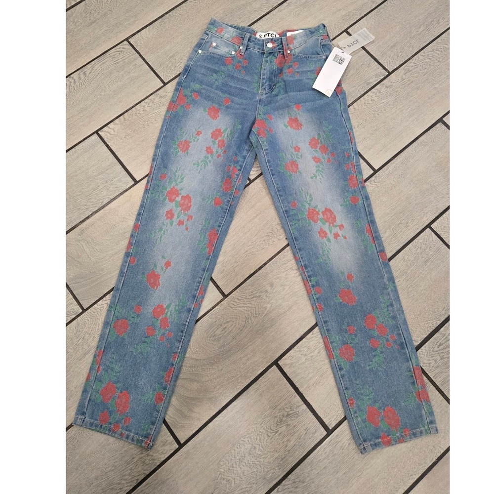 PTCL Ethikal Brand Floral Rose Print Straight Leg Jeans Light Wash Blue Size 26